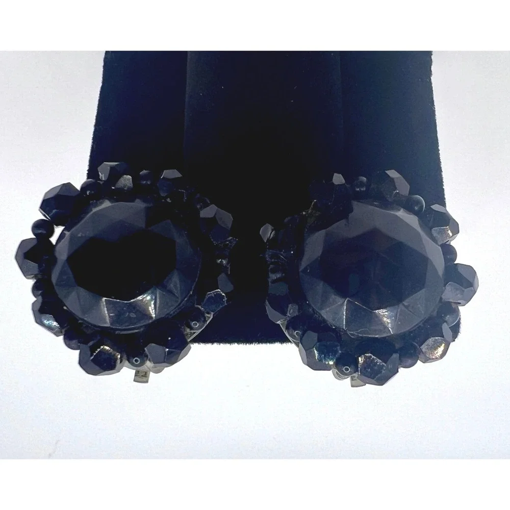 Vintage Japan Clip On Earrings Womens OS Black Excellent Faceted Cluster Round